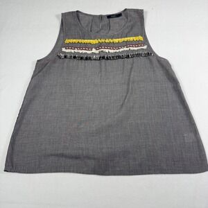 THML Boho Fringe Tank Top Medium Grey Sleeveless Pom‎ Pom Embroidered Trim
